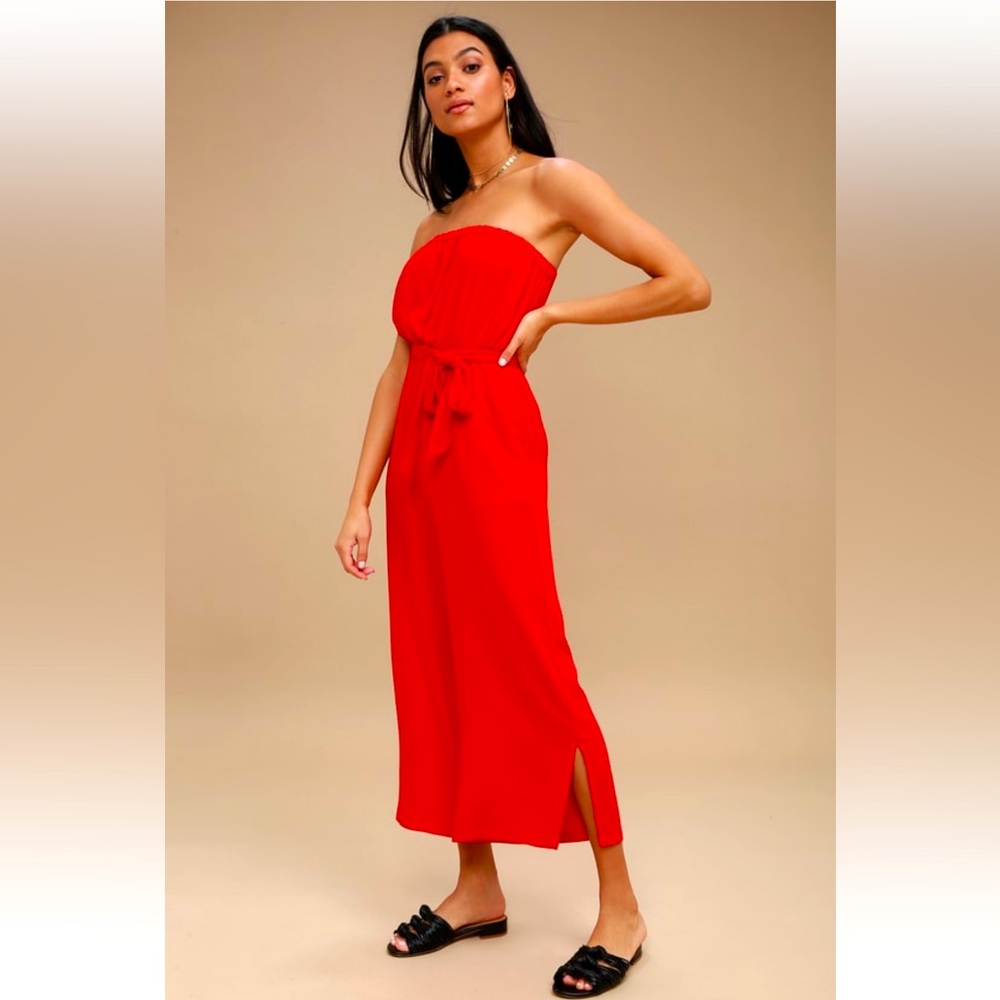 Lulus Red Strapless Jumpsuit Romper with Pockets